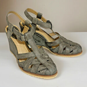 Frye Maye Fisherman Wedge Sandals Heels Gray Leather Women's 8 M Ankle T Strap
